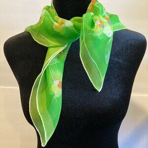 Mid Century Chiffon Scarf  Sheer Spring Green Print Specialty House Vintage Boho